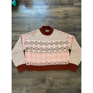 AMERICAN EAGLE WOMENS SWEATER LARGE FAIRISLE MOCK NECK CREAM BROWN CORAL